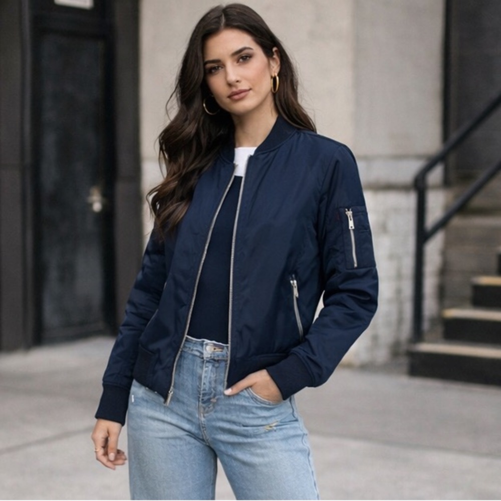 Levi’s Navy MA-1 Bomber Jacket Zip Utility Chic Gorpcore Size M - Picture 15 of 16